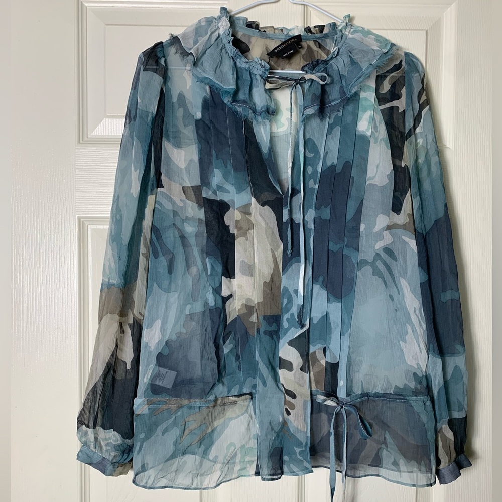 BCBGMAXAZRIA | 100% Silk Sheer Eyelash Lace Trim Ruffle Collar Top - XS